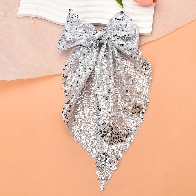 Kefley Silver Sequin Bow Hair Ribbon Clips for Women - Glittering Bows - Disco Sparkling Hair Bow Clips - Headwear for Party Ball - Bow Hair Accessories - Image 3